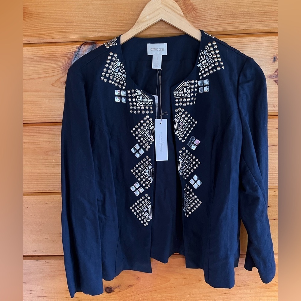 $149 Jeweled Chico's 1 (8-10) Navy Women’s Jacket Party Open Blazer Jewels